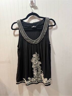 FYLO Black Sleeveless Tank with Cream Embroidered Accents